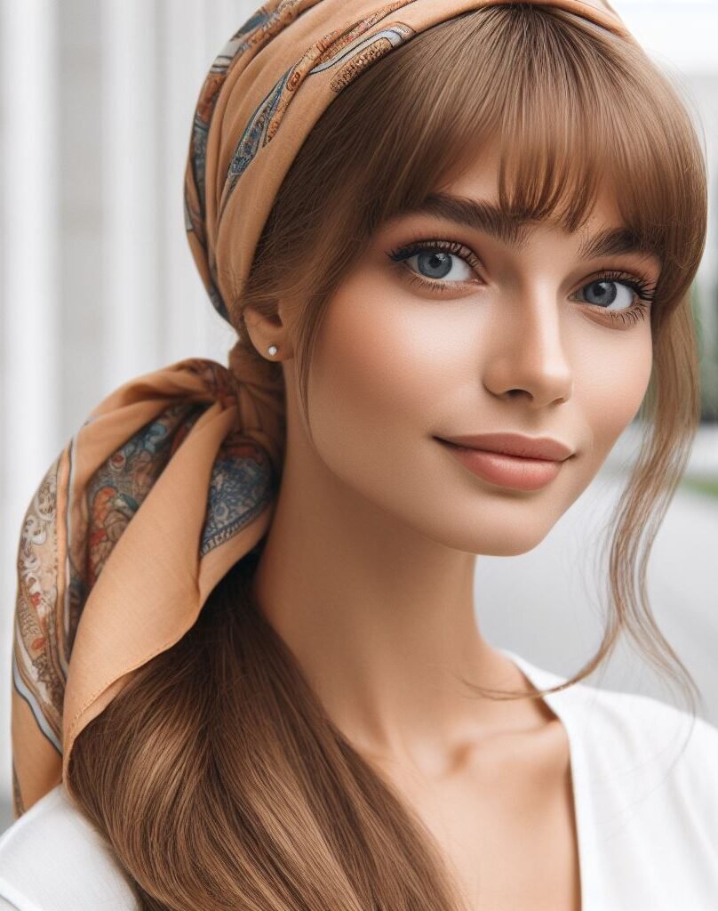 Boho vibes on fleek! Wispy curtain bangs peek out from a chic headscarf, creating a carefree and stylish look. Perfect for adding a touch of wanderlust to your everyday style or embracing your inner festival goddess! #pocoko #curtainbangs #headscarfhairstyle #bohochic