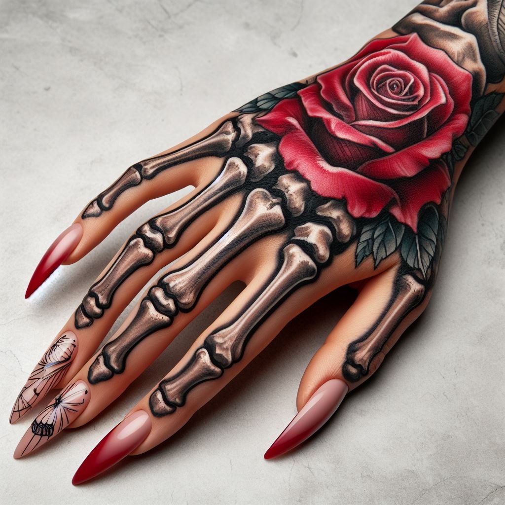Skeleton Hand Tattoo: Unveiling the Power and Beauty of Bony Brilliance | Pocoko Undying Love Beyond the Grave: This Skeleton Hand Tattoo features a captivating contrast. The meticulously detailed bones create a canvas for a vibrant red rose blooming on the wrist. This design symbolizes the enduring power of love, a vivid reminder that love transcends the boundaries of life and death. #pocoko #skeletonhandtattoo #rosetattoo #eternallove