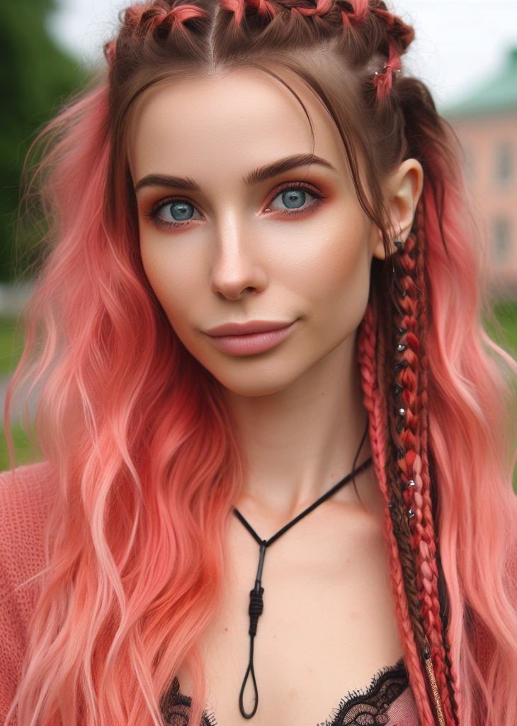 Pink Hairstyles: 22 Modern Inspirations For You To Be In Pink Paradise | Pocoko Pretty in pink! Half-up half-down coral hair with braids adds a touch of sweetness to your look. #pinkhairstyle #pocoko #braidhairstyles