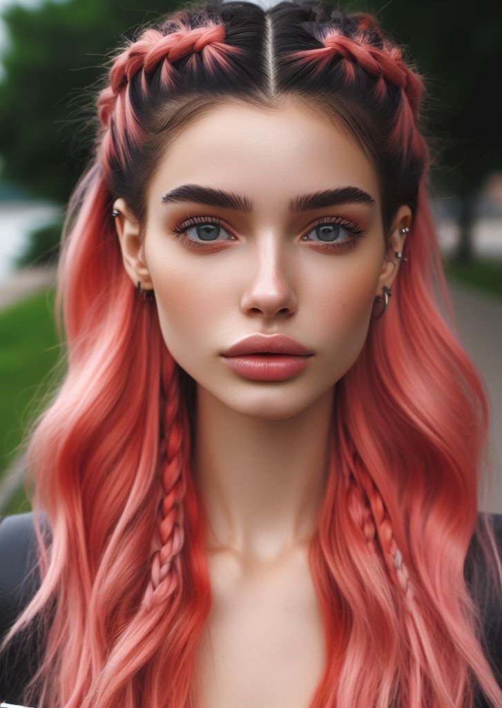 Pink Hairstyles: 22 Modern Inspirations For You To Be In Pink Paradise | Pocoko Braids and pink hair, the perfect combo! This half-up half-down hairstyle is perfect for any occasion. #pinkhairstyle #pocoko #festivalhair
