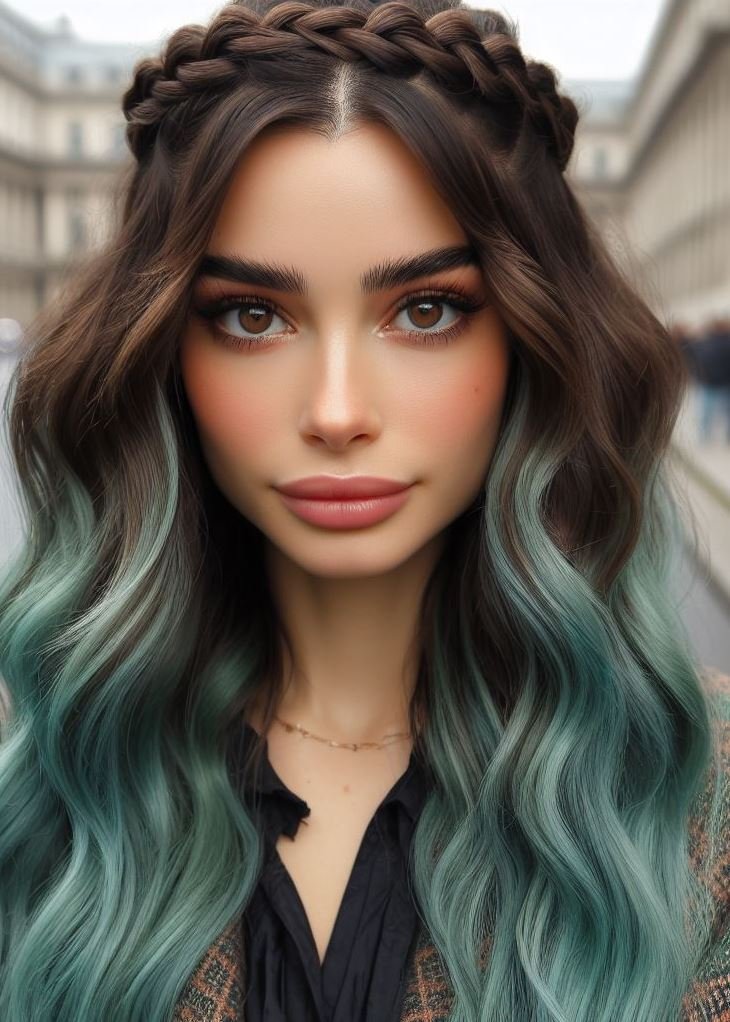 Stunning Crown Braids with Ombre Highlights: Unveiling a World of Color and Style | Pocoko Dare to be different! This mesmerizing mint ombre paired with a crown braid creates a truly unique and captivating hairstyle. #hairmagic #hairstylesbytutorial #pocoko