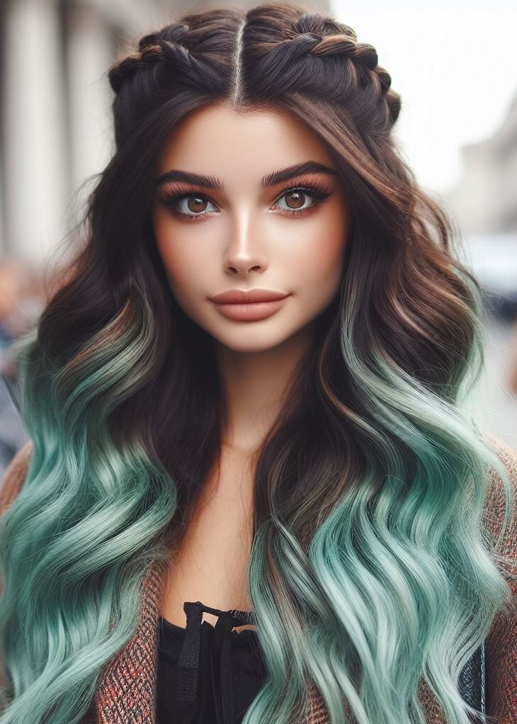 Stunning Crown Braids with Ombre Highlights: Unveiling a World of Color and Style | Pocoko Add a touch of whimsy to your look! This mint ombre with a crown braid is a playful and eye-catching hairstyle. #ombrehair #hairstyleinspiration #pocoko