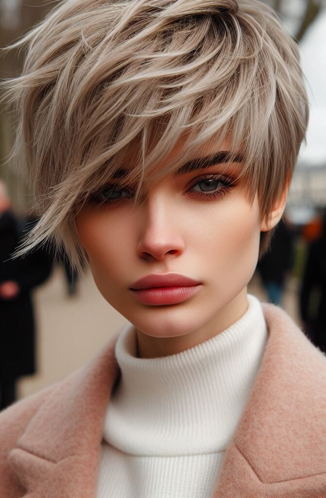 Embrace bold femininity with Curtain Bangs on a short pixie cut featuring very light strawberry blonde hair. Effortlessly chic and edgy, this style exudes confidence and individuality. #CurtainBangs #PixieCut #StrawberryBlonde #POCOKO