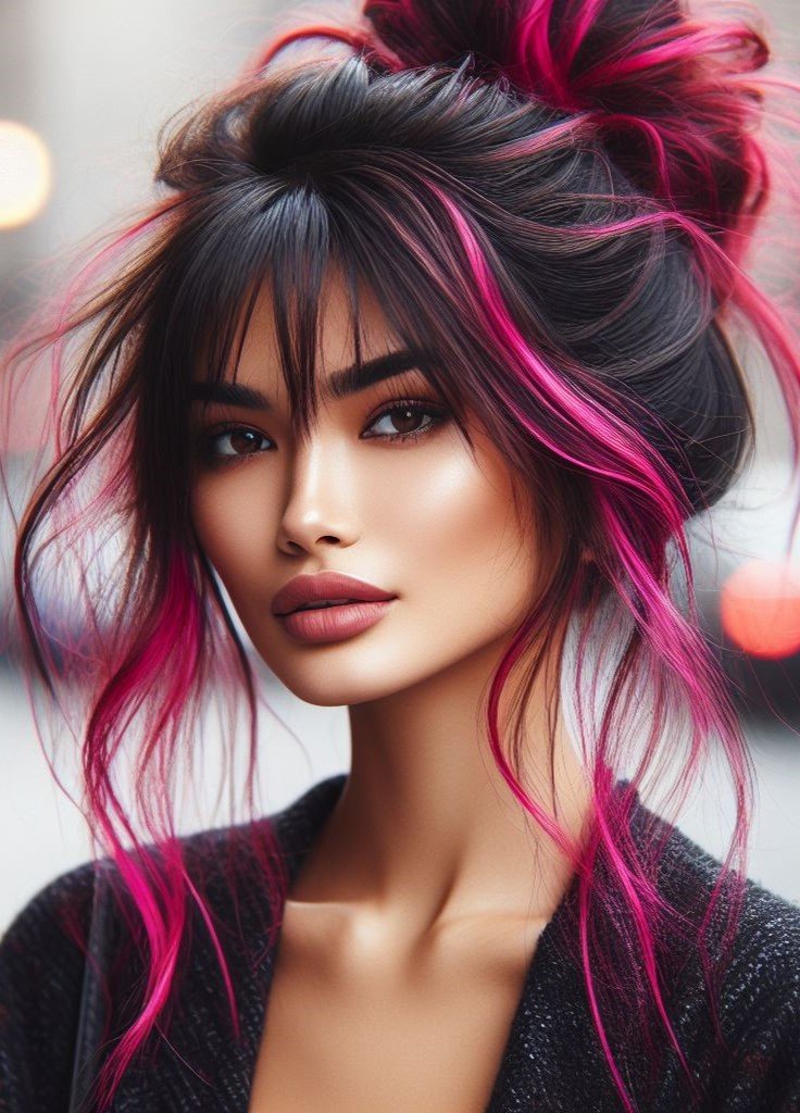 Pink Hairstyles: 22 Modern Inspirations For You To Be In Pink Paradise | Pocoko Tousled texture, playful pink! The messy bun with bangs is a classic hairstyle, and the hot pink hair color adds a fun and flirty twist. This style is perfect for those who love a carefree and eye-catching look. #pinkhairstyle #pocoko #hairinspiration #messybun