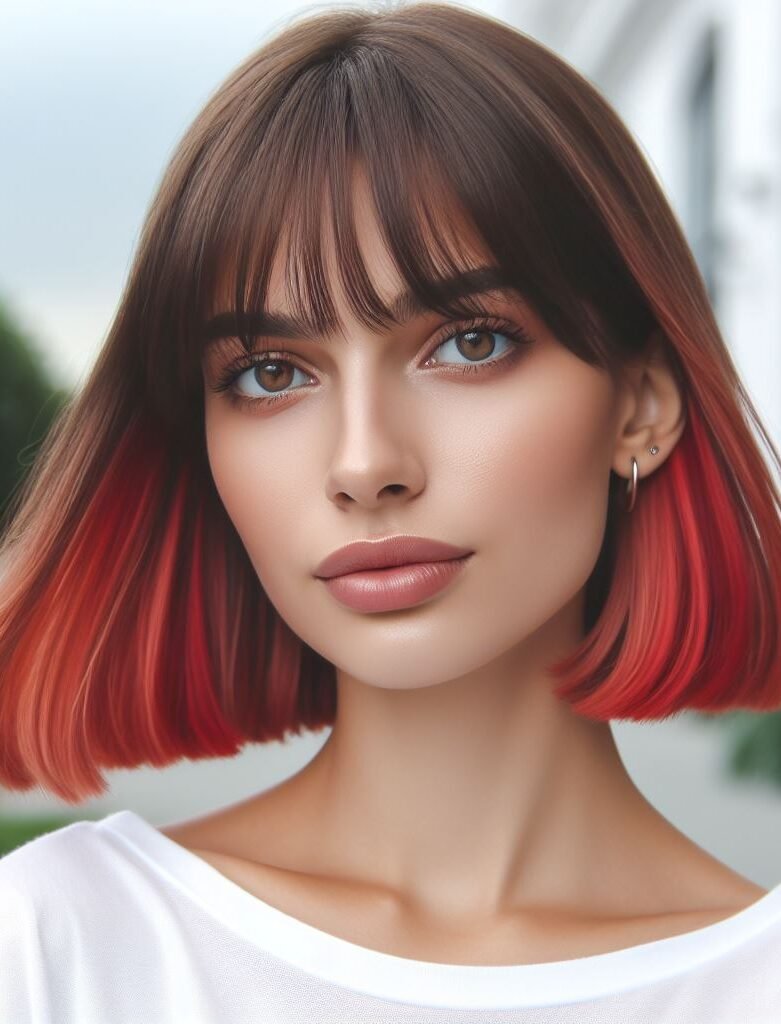 iery ends! This edgy bob combines curtain bangs with a bold color contrast. Dark brown hair transitions into a fiery red ombre at the ends, adding a touch of drama. Wispy curtain bangs frame the face for a stylish finish. Perfect for those who want to make a statement! #pocoko #curtainbangs #redhair #ombrebob
