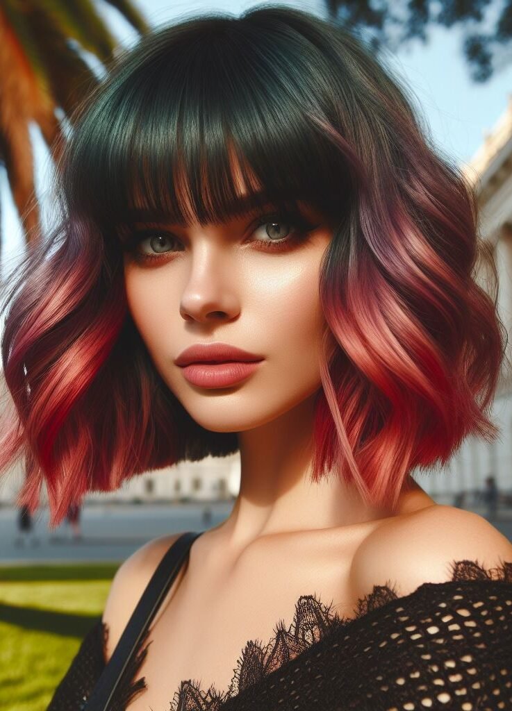 Fire & Spice! This sassy bob features face-framing curtain bangs with a bold color play. Dark brown hair transitions into a fiery red ombre at the ends, adding a touch of rebellious flair. The wispy curtain bangs keep the look effortlessly cool. Perfect for those who want to spice up their style! #pocoko #curtainbangs #redombre #spicyhair