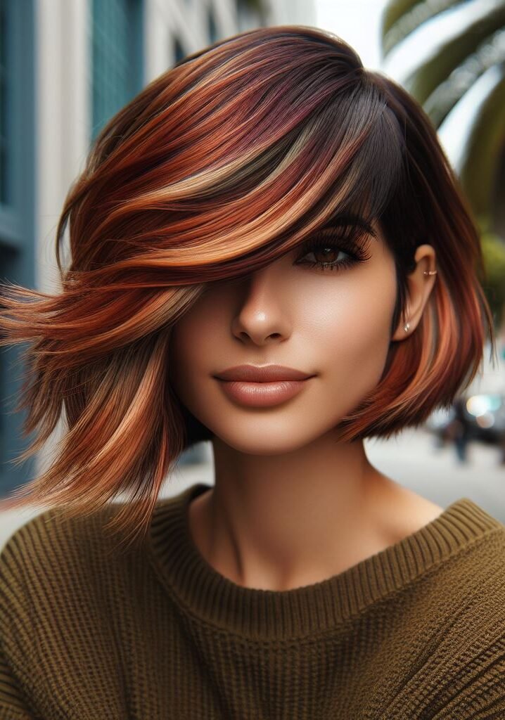 Fiery dimension! This edgy bob takes curtain bangs to the next level. Bold auburn and blonde highlights play against dark brown roots for a dramatic effect. The deep side part and angled cut with wispy bangs add texture and intrigue. Perfect for the bold and fiery! #pocoko #curtainbangs #dimensionalhair #brondehair