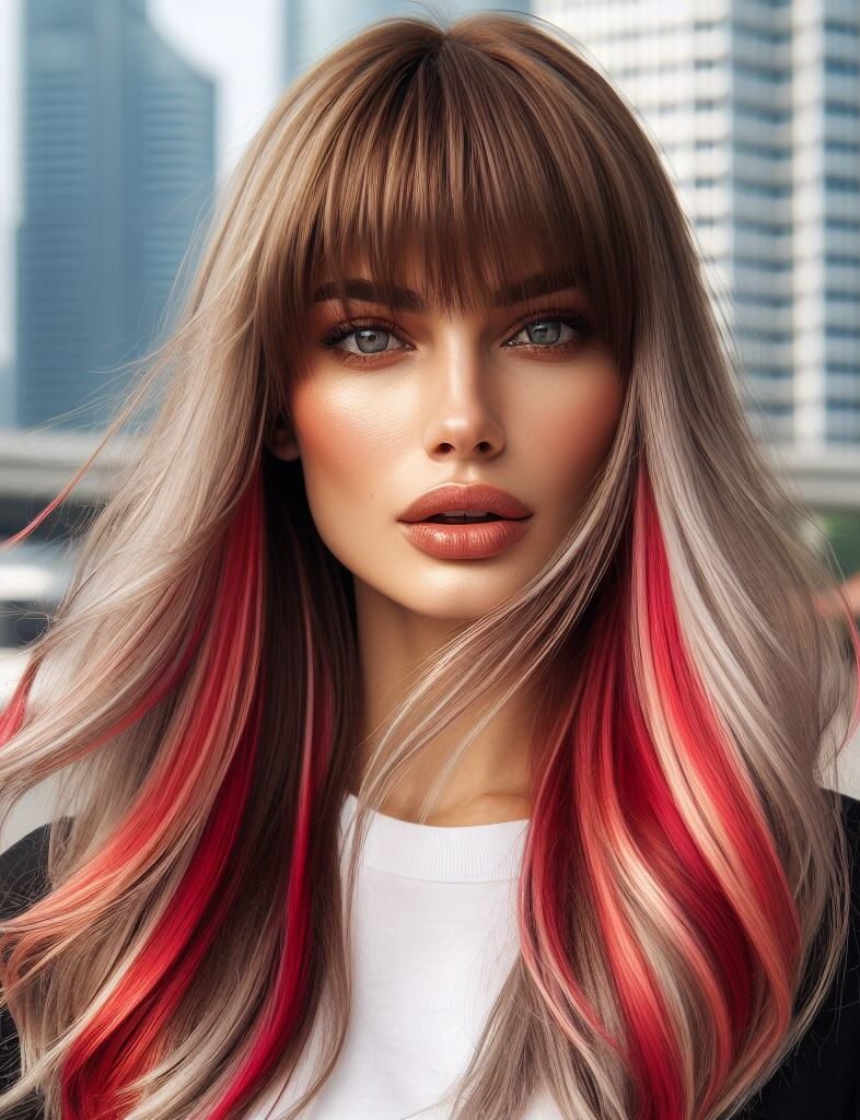Ice and fire! This long hairstyle combines cool and fiery tones for a show-stopping look. Long, straight brown roots melt into a striking ash blonde ombre, with vibrant red highlights adding a bold touch. Wispy curtain bangs frame the face, adding softness and dimension. Perfect for those who want to make a statement! #pocoko #curtainbangs #ombrehair #redhairhighlights