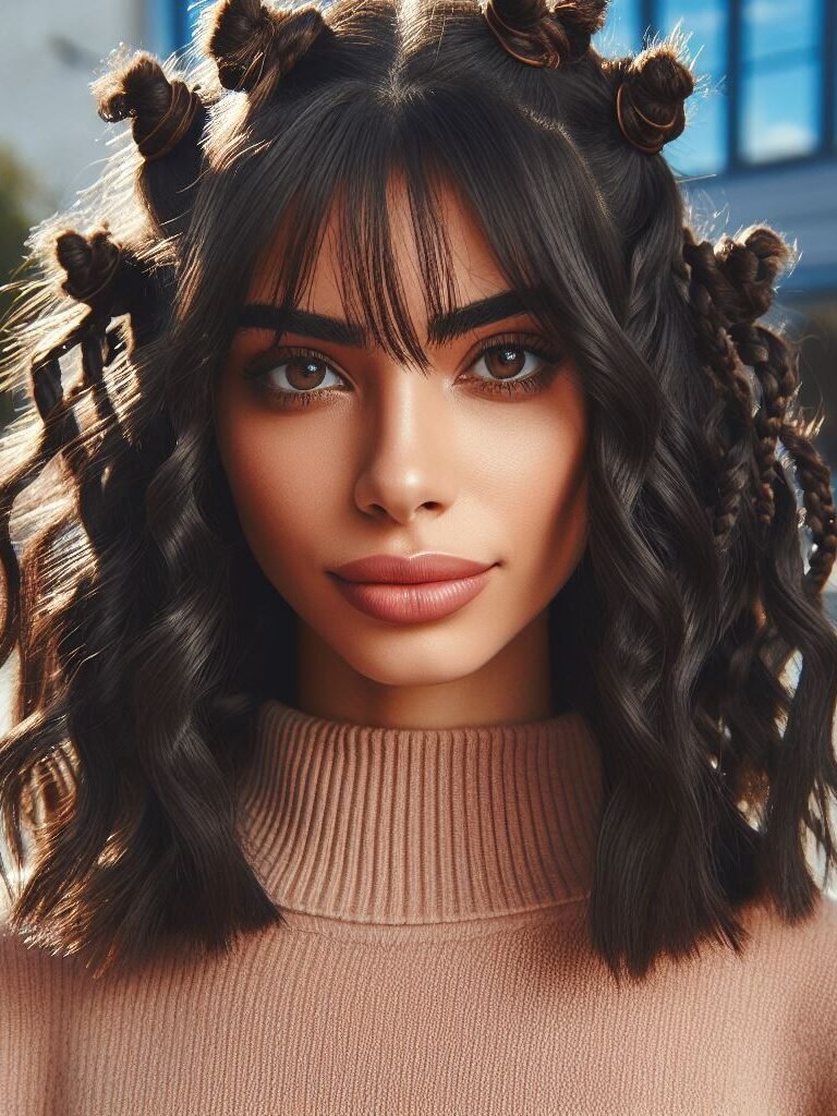 Edgy texture! This protective style combines the chicness of curtain bangs with intricately woven bantu knots. The knots add a touch of cultural flair and beautiful volume, while the bangs frame the face for a stylish finish. Perfect for a unique and head-turning look! #pocoko #curtainbangs #bantuknots #protectivehairstyles