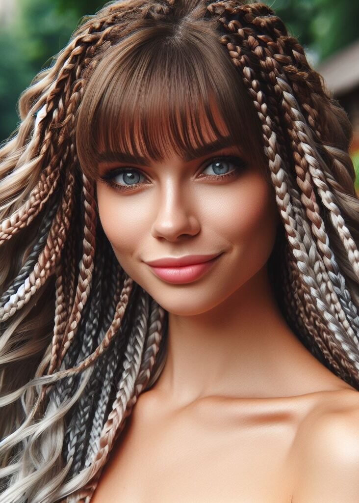 Protective Chic! This hairstyle combines stylish curtain bangs with intricate crochet braids. The braids add a touch of texture and versatility, while the bangs frame the face for a modern touch. Perfect for a low-maintenance and head-turning protective style! #pocoko #curtainbangs #crochetbraids #protectivestyles