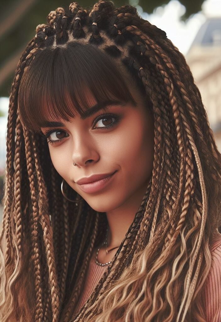 Bangin' Braids! Wispy curtain bangs peek out from a crown of stunning crochet braids, creating a hairstyle that's both effortlessly cool and undeniably eye-catching. Perfect for adding a touch of edge to your everyday look or rocking a festival-ready vibe! #pocoko #curtainbangs #crochetbraids #bohohairstyles