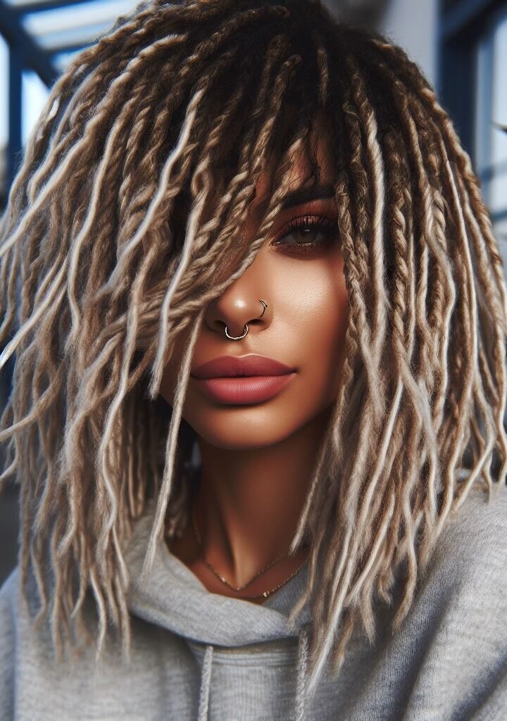 Faux Loc Magic! Wispy curtain bangs peek out from a crown of stunning faux locs, creating a hairstyle that's both effortlessly stylish and protective. Perfect for adding a touch of texture and bohemian flair to your everyday look! #pocoko #curtainbangs #fauxlocs #protectivestyles