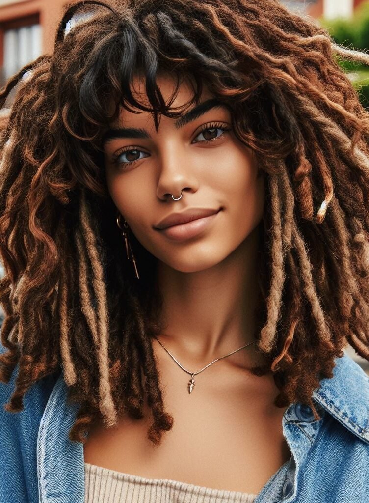 Loc-ed and Loaded! This fierce look pairs cool curtain bangs with voluminous faux locs. The bangs add a touch of unexpected edge, while the locs offer endless styling possibilities. Effortlessly cool and perfect for the woman who wants to make a statement! #pocoko #curtainbangs #fauxlocs #edgyhairstyles