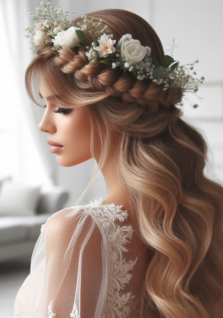 Floral Fantasy! Wispy curtain bangs peek out from a stunning braided crown adorned with delicate flowers. This romantic hairstyle is perfect for a special occasion or adding a touch of whimsical charm to your everyday look. #pocoko #curtainbangs #braidcrown #festivalhair