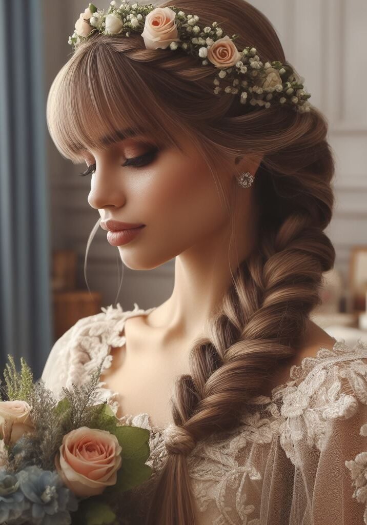 Bridal Bliss! Delicate curtain bangs frame the face, complementing a whimsical braid crown adorned with fresh pearls or sparkling crystals. This romantic hairstyle is perfect for the bohemian bride who wants a touch of fairytale elegance on her wedding day. #pocoko #curtainbangs #braidcrown #weddinghairstyles