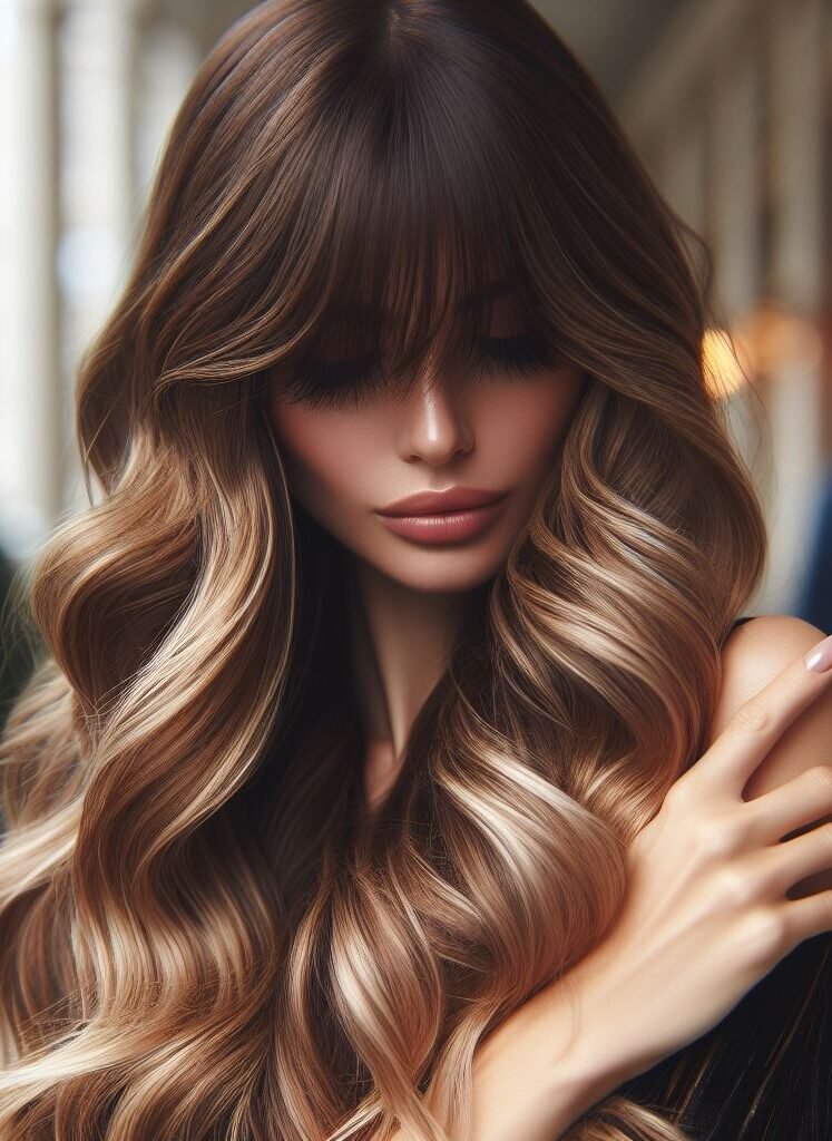 Wavy Curtain Dream! Wispy curtain bangs frame the face, flowing seamlessly into soft, cascading Hollywood waves. This romantic hairstyle is perfect for the bride who wants a touch of vintage elegance with a modern, effortless feel. #pocoko #curtainbangs #hollywoodwaves #weddinghairinspiration