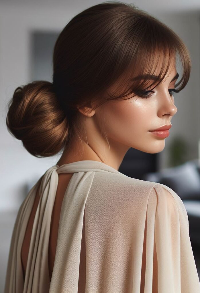 Modern Minimalism! Effortless chic meets polished elegance. Wispy curtain bangs frame the face, while the rest of the hair is styled into a sleek, low bun for a sophisticated look. This hairstyle is perfect for work or a formal event. #pocoko #curtainbangs #sleekbun #minimalisthairstyles