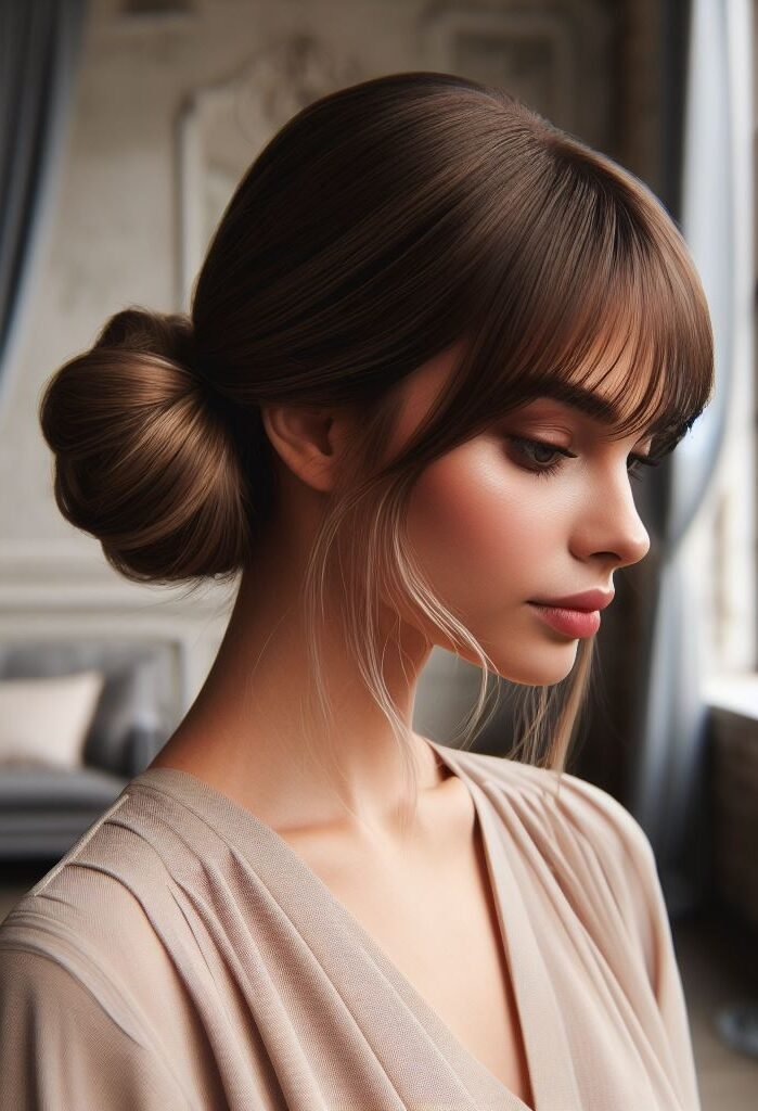 Effortless Elegance! Wispy curtain bangs add a touch of softness to a polished low bun. The sleek hairstyle exudes timeless sophistication, perfect for the woman who wants to feel confident and refined. #pocoko #curtainbangs #sleekbun #luxurioushair