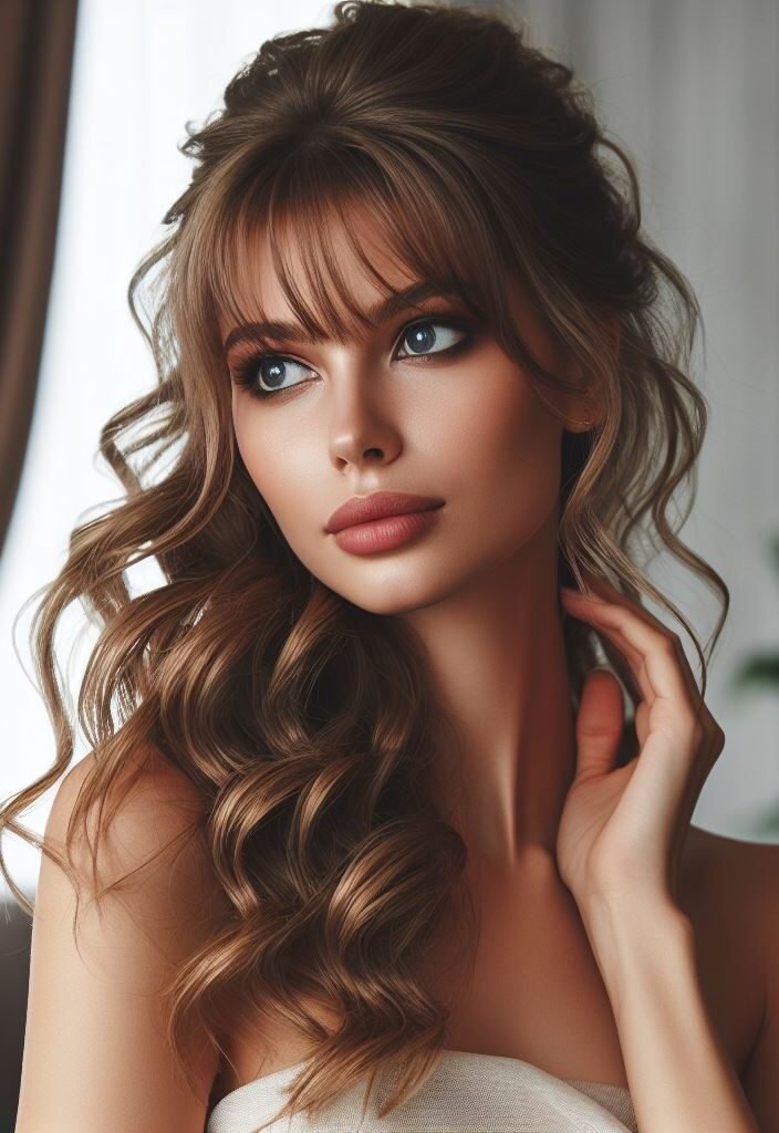 Romantic Twists! Wispy curtain bangs frame the face, while the rest of the hair is styled in a playful half-up, half-down twist. Soft curls add a touch of whimsy and romance, perfect for a date night or a fun day out. #pocoko #curtainbangs #halfuphalfdown #curlyhairstyles