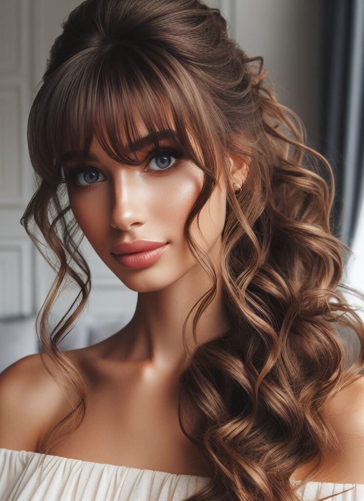 Boho Bliss! Soft, wispy curtain bangs frame the face, transitioning seamlessly into a relaxed half-up, half-down style. The remaining hair flows into bouncy curls, adorned with delicate braids or colorful feathers for a touch of festival flair. This effortless and carefree hairstyle is perfect for dancing under the summer sun or embracing your inner flower child. #pocoko #curtainbangs #halfuphalfdown #bohohairstyles