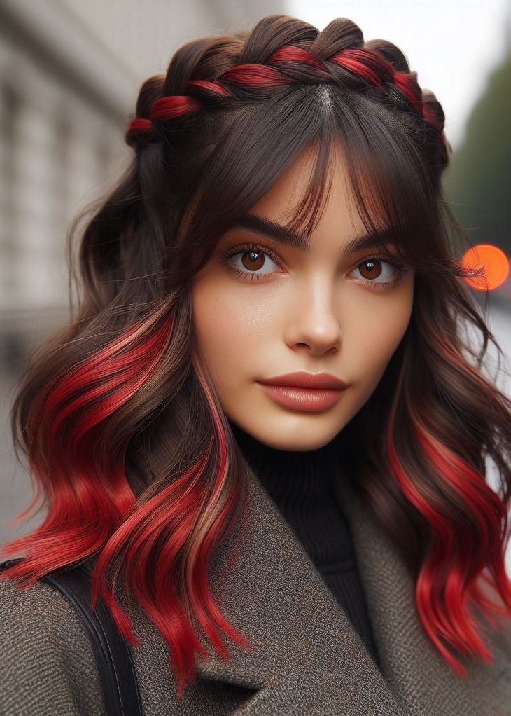 Stunning Crown Braids with Ombre Highlights: Unveiling a World of Color and Style | Pocoko This captivating cherry red ombre with a crown braid adds a touch of fire and intrigue to your look. It's perfect for those who want to stand out. #redhairgoals #hairstylesforschool #pocoko