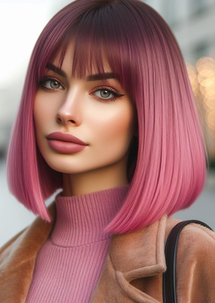 Pink Hairstyles: 22 Modern Inspirations For You To Be In Pink Paradise | Pocoko Sleek and chic! A pink bob with blunt bangs is a timeless and sophisticated hairstyle. #pinkhairstyle #pocoko #bobhairstyles
