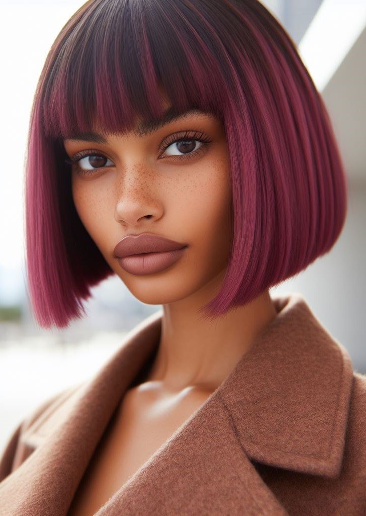 Pink Hairstyles: 22 Modern Inspirations For You To Be In Pink Paradise | Pocoko Edgy and eye-catching! A sleek pink bob with blunt bangs is sure to turn heads. #pinkhairstyle #pocoko #pinkhair #hairgoals