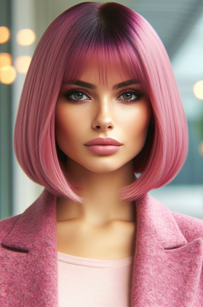 Pink Hairstyles: 22 Modern Inspirations For You To Be In Pink Paradise | Pocoko Pink Hairstyles. Bold and beautiful! The blunt bangs on this sleek pink bob add a touch of drama. Perfect for a night out or a special occasion. #pinkhairstyle #pocoko #shorthairstyles #hairinspiration