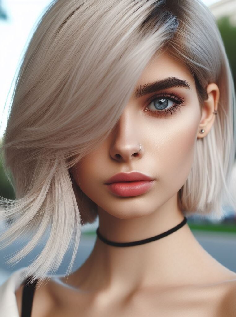 Discover elegance with Curtain Bangs on a medium-length ash blonde bob, styled with a deep side parting and side-swept bang. This chic, sophisticated look adds modern flair to any ensemble. #CurtainBangs #AshBlonde #BobCut #POCOKO