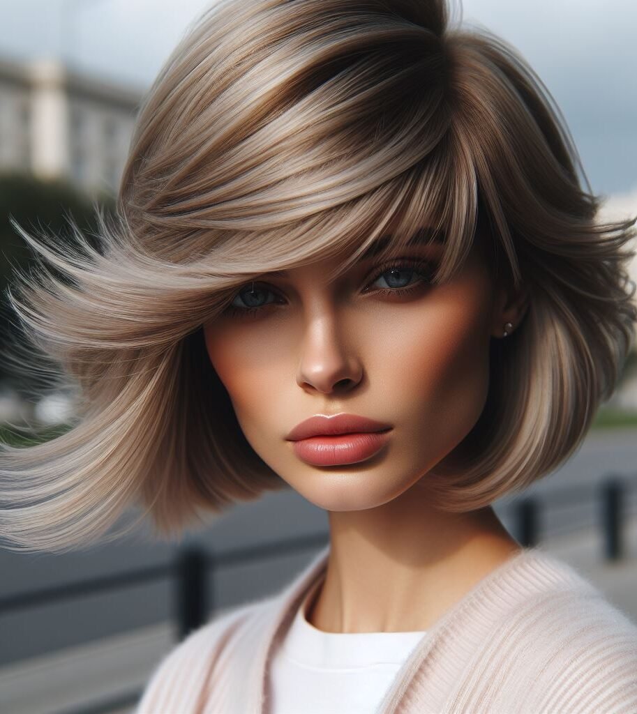 Explore sophistication with Curtain Bangs on a medium-length ash blonde bob, featuring a deep side part and side-swept bang. This chic style adds modern elegance to any look. #CurtainBangs #AshBlonde #BobCut #POCOKO