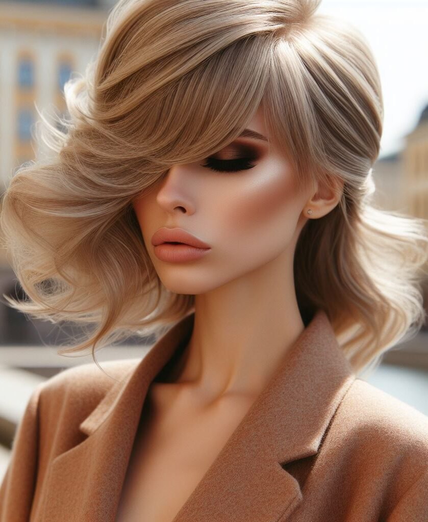 Experience sophistication with Curtain Bangs on a medium-length ash blonde bob, styled with a deep side part and side-swept bang. This chic look adds modern elegance to any ensemble. #CurtainBangs #AshBlonde #BobCut #POCOKO