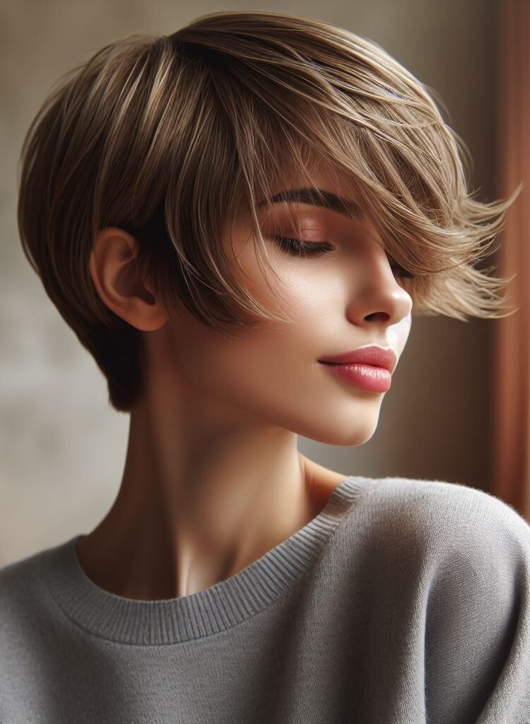 Edgy Elegance! This chic pixie cut takes curtain bangs to the next level. Wispy blonde strands frame the face, adding softness to the short, blonde hair. The combination is perfect for the woman who wants a bold yet sophisticated look. #pocoko #curtainbangs #pixiecut #shorthairgoals