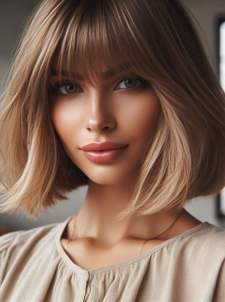 Blonde Bombshell! This classic bob gets a modern upgrade with chic curtain bangs. The blonde hair is perfectly tousled for a touch of effortless texture, while the bangs frame the face for a polished look. This hairstyle is perfect for the office or a night on the town! #pocoko #curtainbangs #blondehair #bluntbob