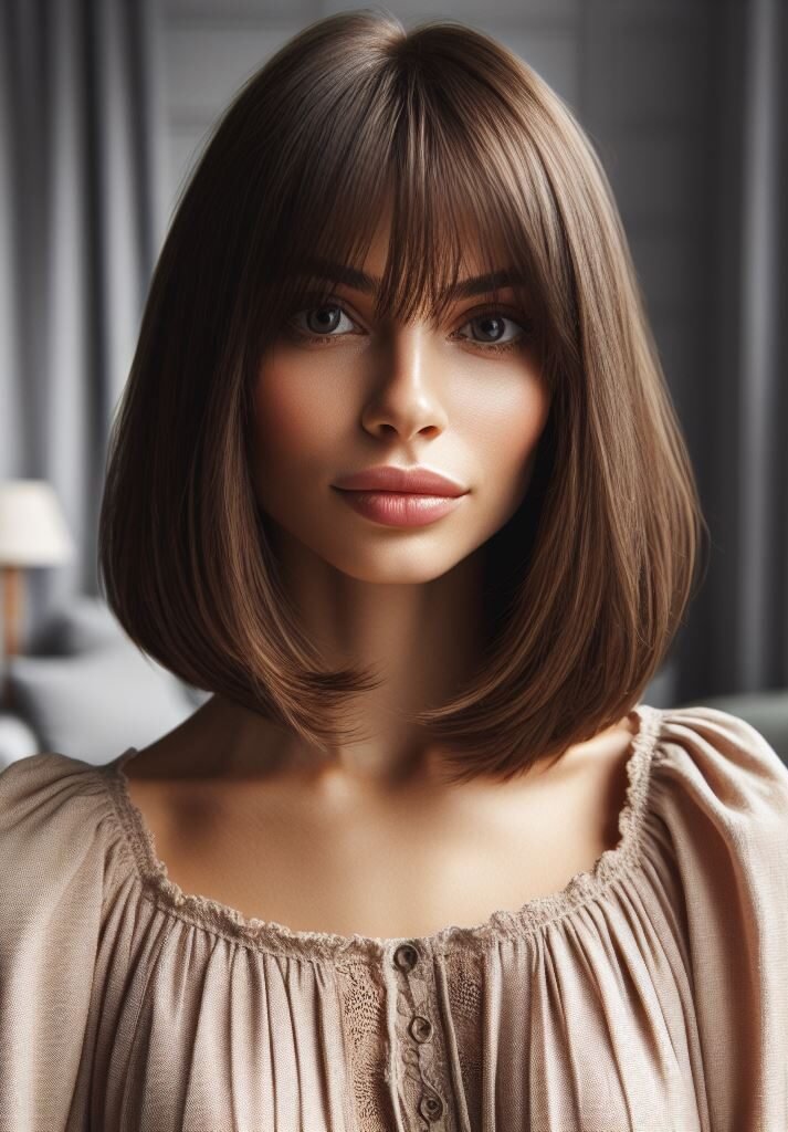 Golden Brunette Chic! Wispy curtain bangs add a touch of effortless style to this chic golden brown bob. The medium-length hair is perfect for easy styling and a polished look. This versatile hairstyle is perfect for work, a night out, or anything in between! #pocoko #curtainbangs #goldenhair #bobhaircut
