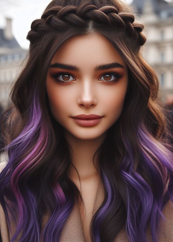Stunning Crown Braids with Ombre Highlights: Unveiling a World of Color and Style | Pocoko Embrace the magic with this enchanting violet ombre hairstyle accented by a delicate crown braid. Perfect for mystical vibes. #purplehair #hairstylesforteens #pocoko