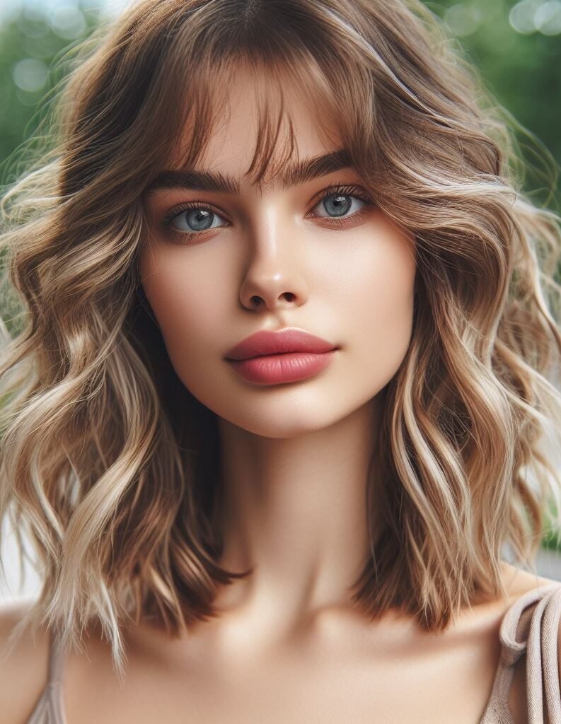 Revitalize your look with Curtain Bangs on a medium-length bob accentuated by brown hair featuring lower balayage highlights. Effortlessly chic waves add texture and depth to this modern hairstyle. #CurtainBangs #BalayageHair #WavyBob #POCOKO