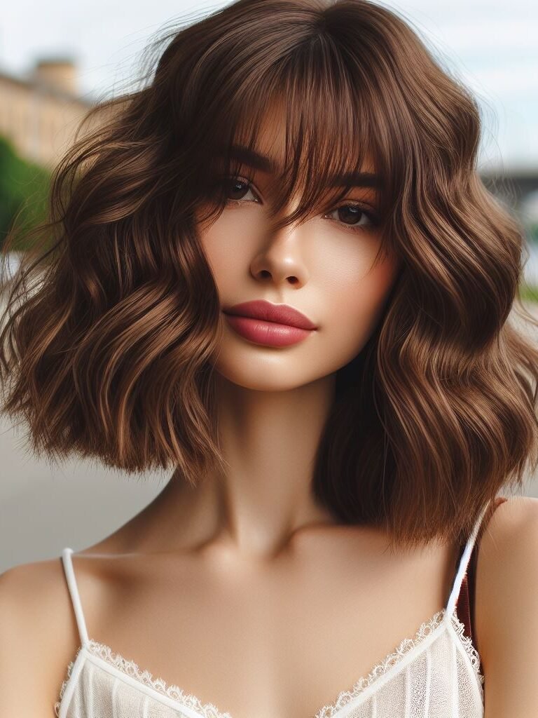 "Embrace timeless elegance with Curtain Bangs on a medium-length bob, complemented by rich brown wavy locks. Effortlessly chic and versatile, this hairstyle exudes sophistication for any occasion. #CurtainBangs #WavyBob #BrownHair #POCOKO"