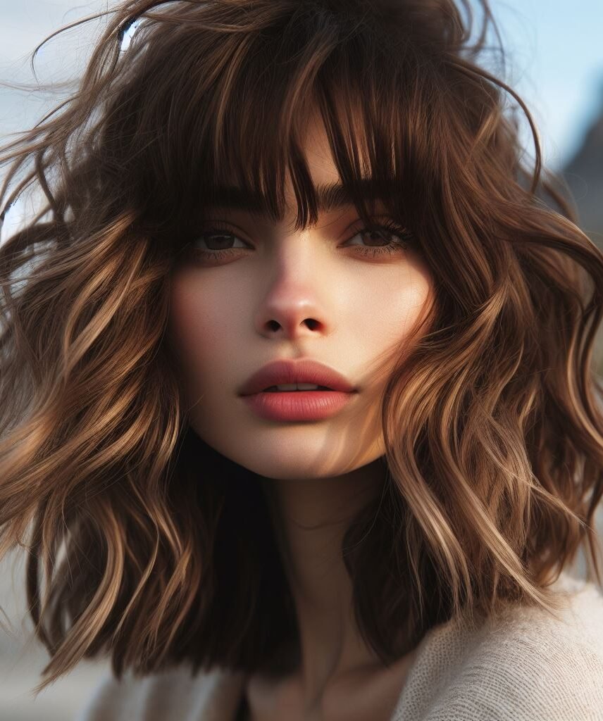 Elevate your style with Curtain Bangs on a medium-length bob featuring brown hair adorned with lower balayage highlights. Effortlessly chic waves add texture and dimension to this sophisticated look. #CurtainBangs #BalayageHair #WavyBob #POCOKO