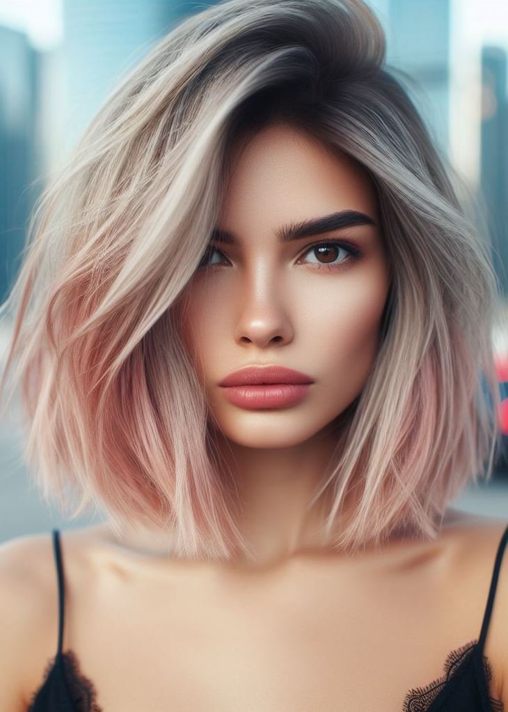 Unleash your inner rockstar! Choppy layers create edgy dimension, while pastel pink highlights add a pop of personality to your medium hair. #hairstyles #haircolor #pocoko