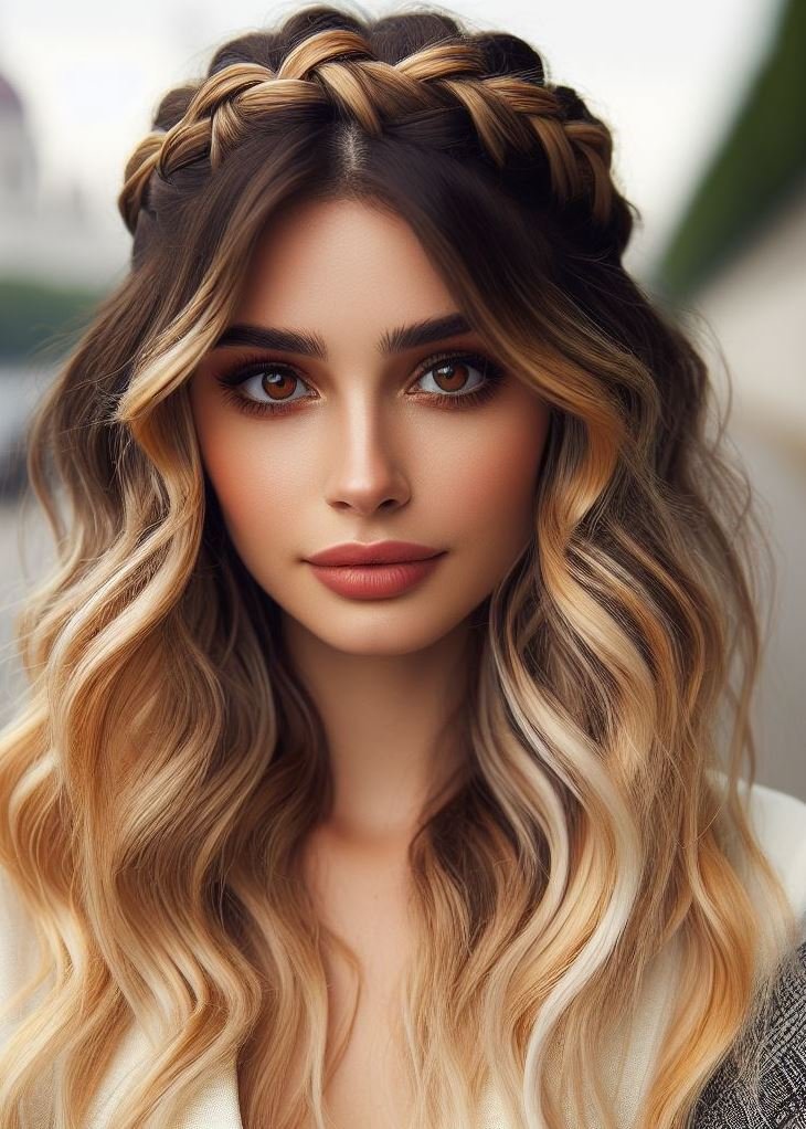 Stunning Crown Braids with Ombre Highlights: Unveiling a World of Color and Style | Pocoko Effortless elegance: Elevate your everyday style with a sophisticated blonde ombre cascading into a chic crown braid. #hairstyleoftheday #hairstylesforlonghair #pocoko