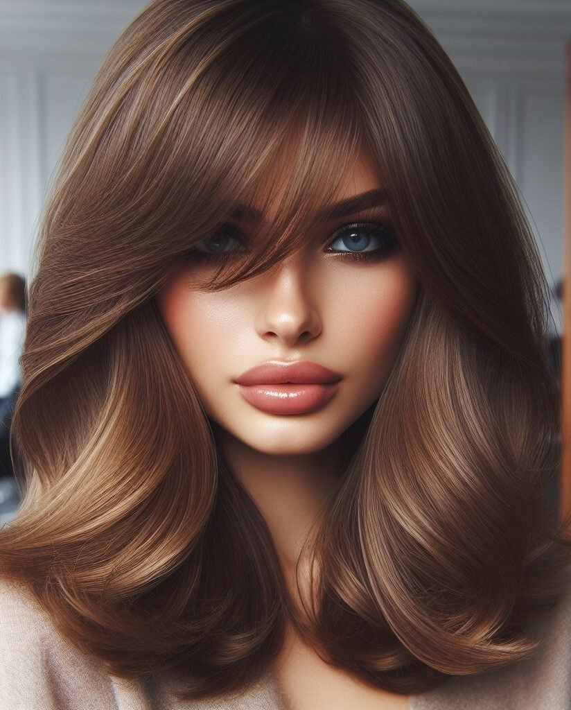 Experience glamour with Curtain Bangs on medium-length straight hair, featuring brown tones with blonde highlights. The voluminous curls at the ends add a touch of elegance and charm to this versatile hairstyle. #CurtainBangs #StraightHair #BrownWithBlondeHighlights #VoluminousCurls #POCOKO