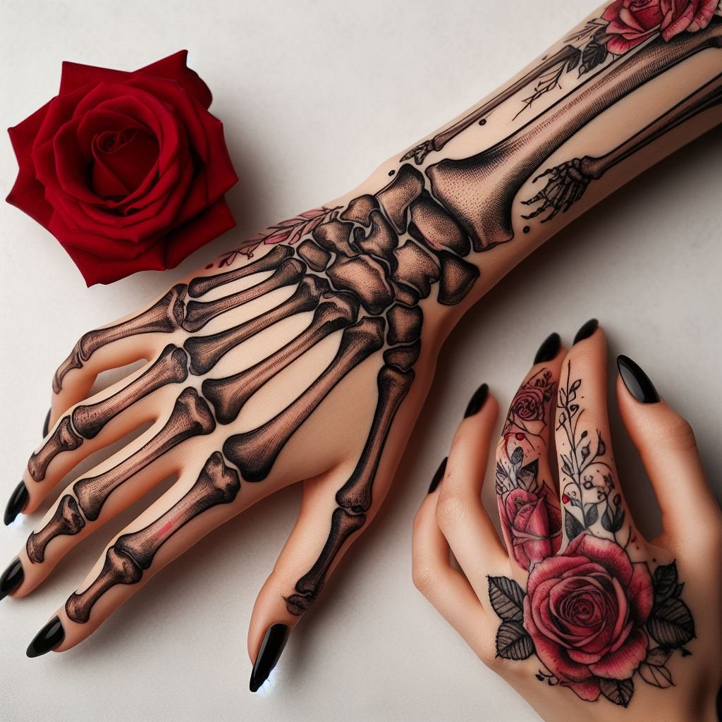 Skeleton Hand Tattoo: Unveiling the Power and Beauty of Bony Brilliance | Pocoko Beauty Emerges from Bones: This striking tattoo showcases contrasting themes. The left hand features a Skeleton Hand Tattoo, meticulously rendered bones forming a hand. The right hand boasts a stunning rose with soft buds, symbolizing the beauty that can emerge even in the face of mortality. #pocoko #skeletonhandtattoo #rosetattoo #beautyfromdecay