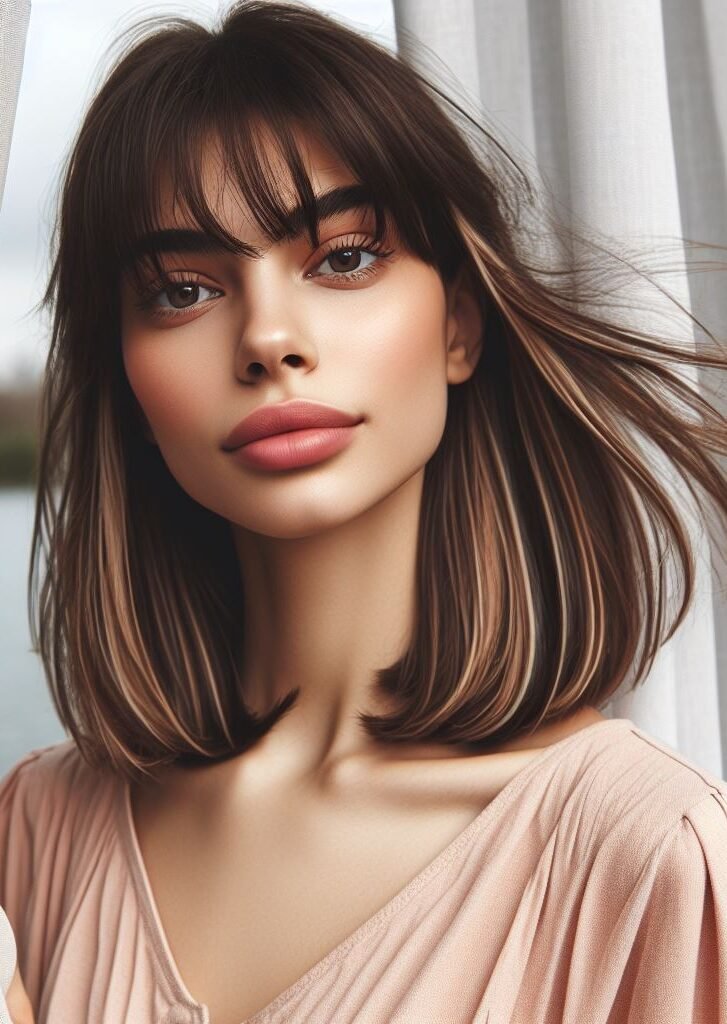 Enhance your style with Curtain Bangs on medium-length hair, blending brown hues with blonde highlights. The voluminous curls at the ends bring a hint of sophistication and allure to this versatile look. #CurtainBangs #StraightHair #BrownBlondeHighlights #VoluminousCurls #POCOKO