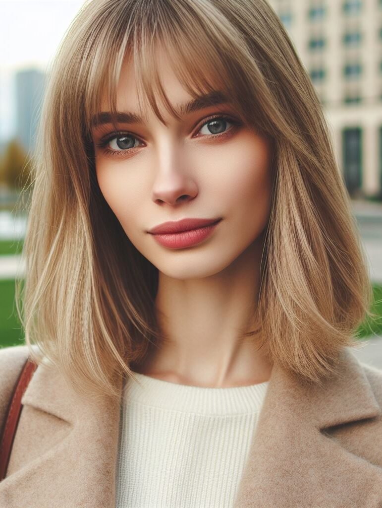 Elevate your look with Curtain Bangs on medium-length blonde hair. This chic and versatile hairstyle adds a touch of modern elegance to any ensemble. #CurtainBangs #BlondeHair #VersatileStyle #POCOKO