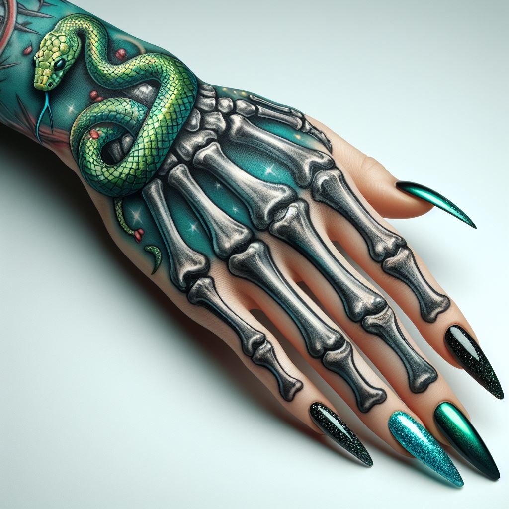 Skeleton Hand Tattoo: Unveiling the Power and Beauty of Bony Brilliance | Pocoko Emerald Rebirth: This skeleton hand tattoo boasts a captivating emerald green snake slithering across the meticulously detailed bones. The design symbolizes rebirth and the cycle of life continuing even after death. #pocoko #skeletonhandtattoo #emeraldtattoo #rebirthtattoo