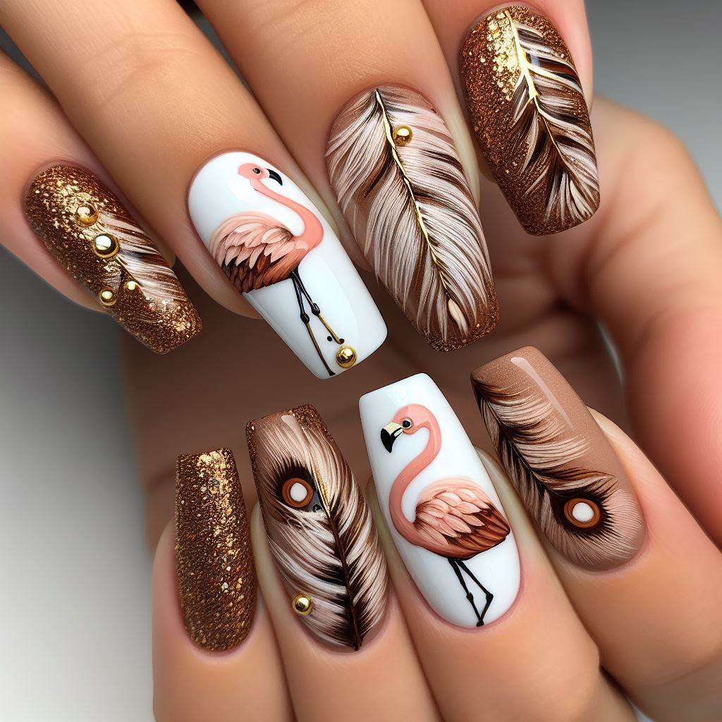 A flamingo nail art with brown and gold colors and feathers 