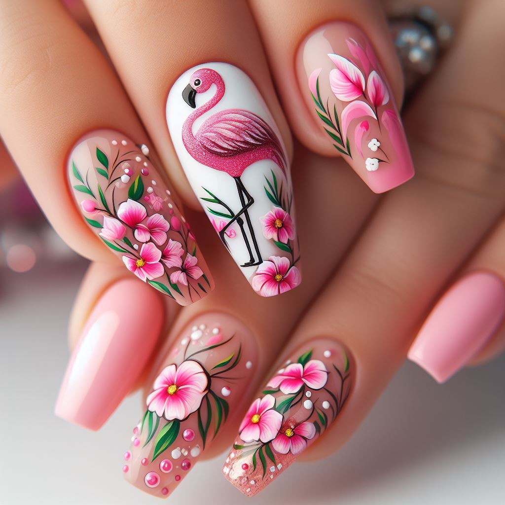 A flamingo nail art with pink and white colors and tropical flowers