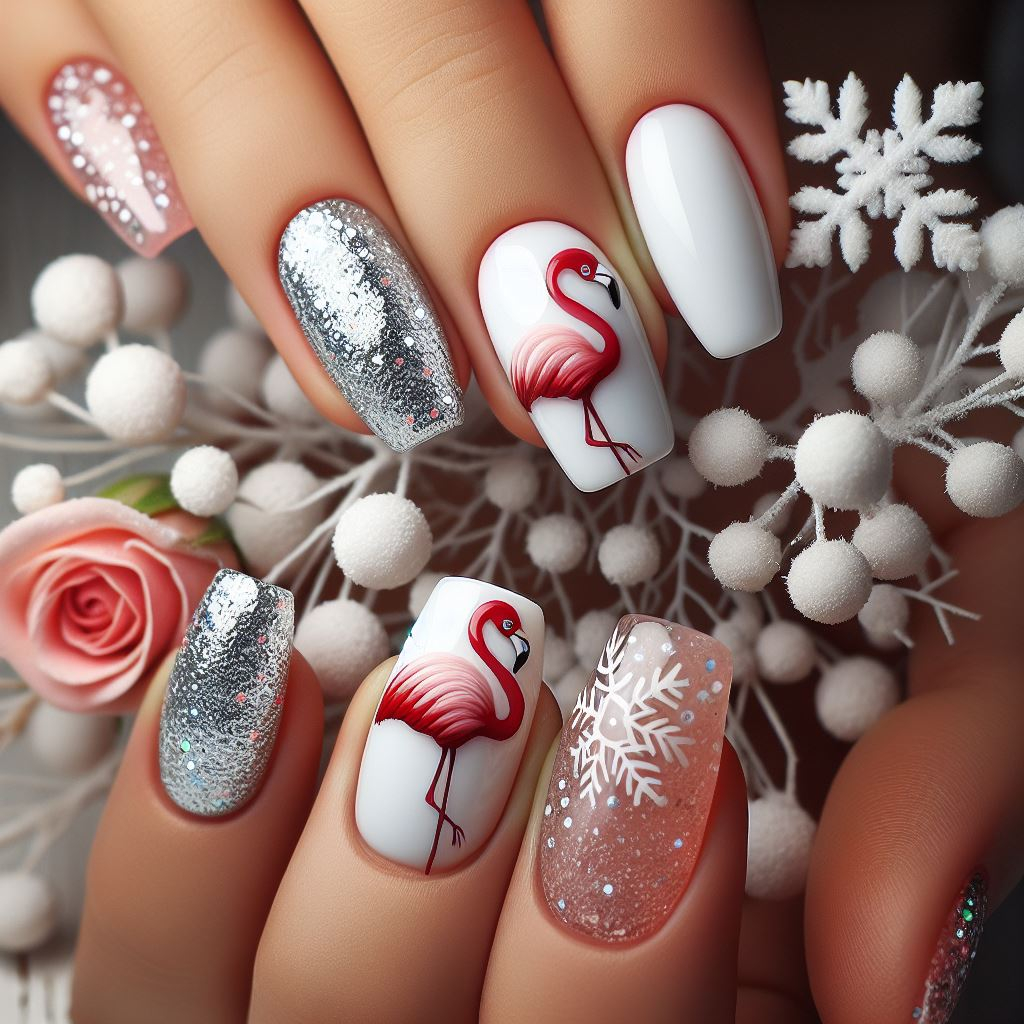 flamingo nail art with white and silver colors and snowflakes