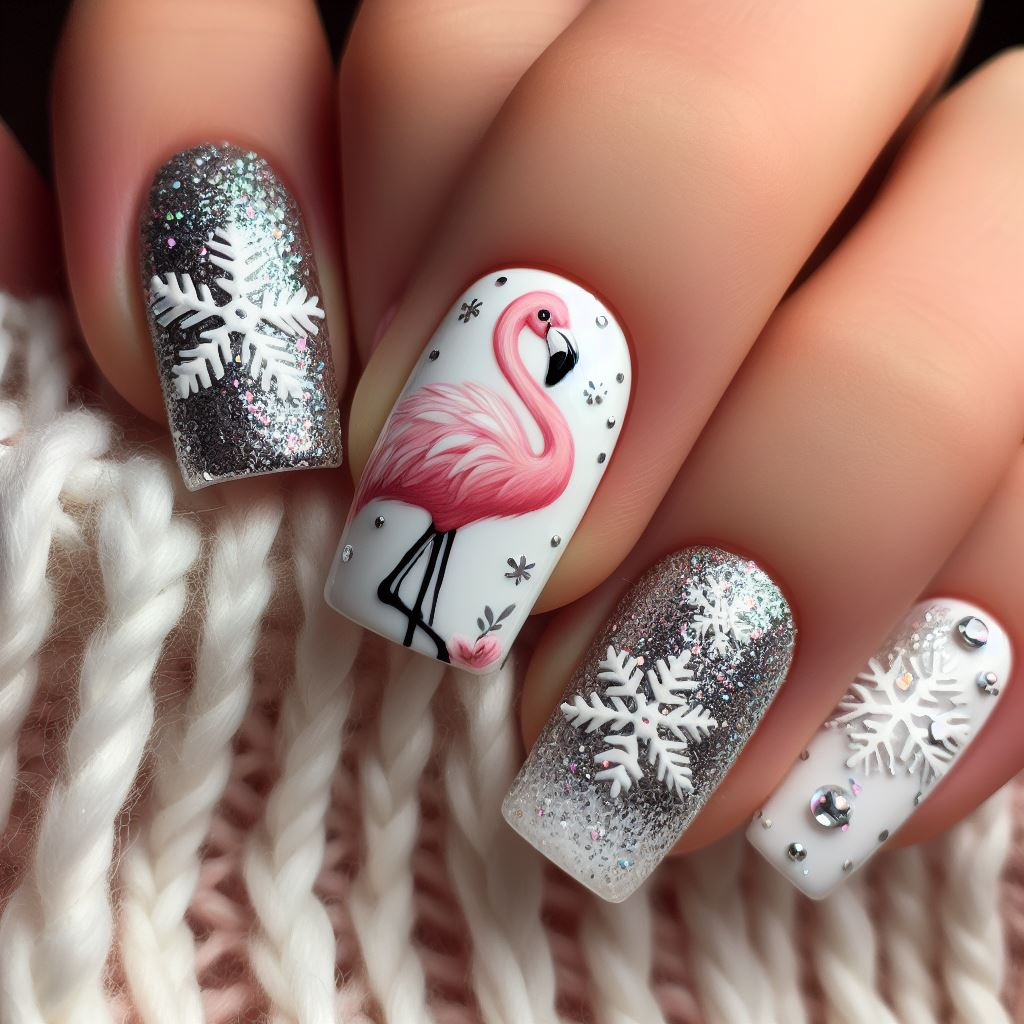 flamingo nail art with white and silver colors and snowflakes