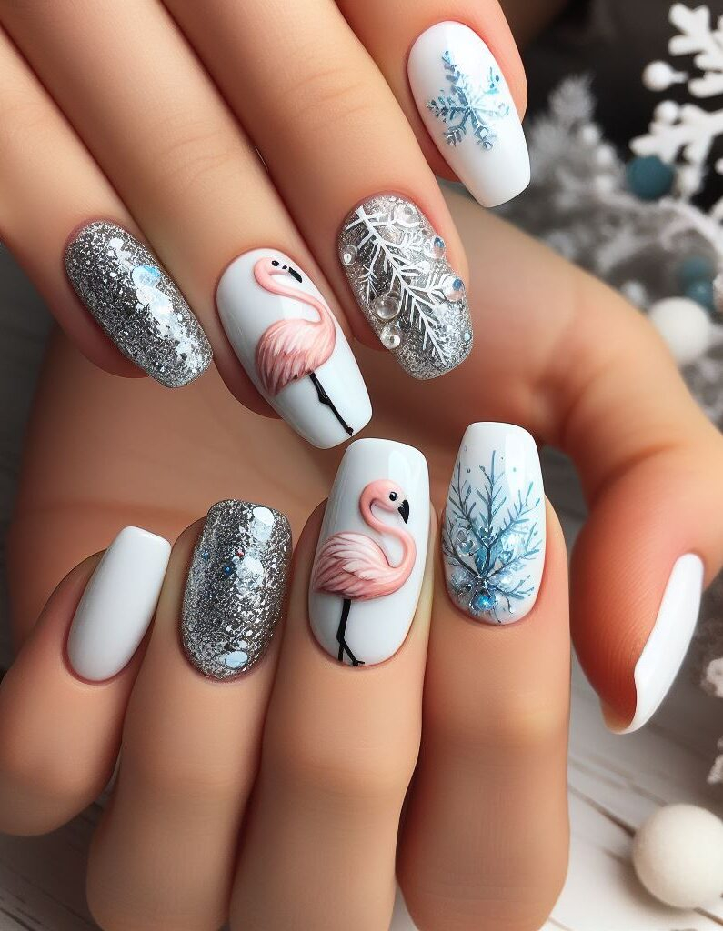 flamingo nail art with white and silver colors and snowflakes